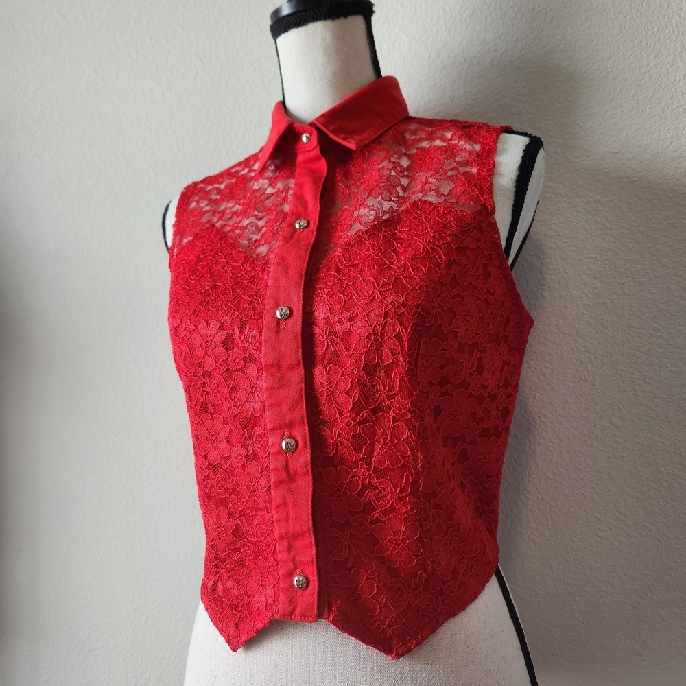 Vintage BANJO Dallas Texas Boutique Western Red Lace Vest Womens Medium ButtonUp